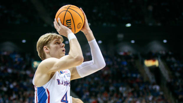 Mar 11, 2023; Kansas City, MO, USA; Kansas Jayhawks guard Gradey Dick (4) shoots the ball during the first half against the Texas Longhorns at T-Mobile Center.